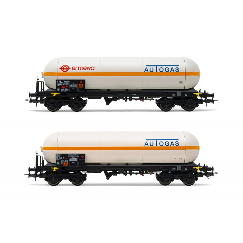 SET 2 CARRI CISTERNA A CARRELLI TIPO ZAGKKS "AUTOGAS", LIVREA BIANCA CON FASCIO ARANCIO FS, EP. V RIVAROSSI HR6511