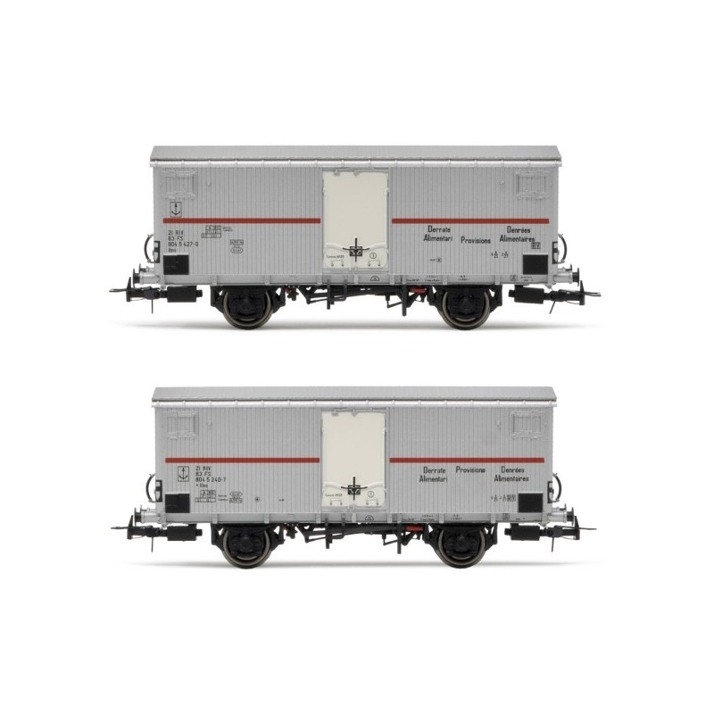 SET 2 CARRI REFRIGERANTI A 2 ASSI TIPO IFMS CON PORTELLONE METALLICO, LIVREA ALLUMINIO, FASCIA ROSSA, EP. IV RIVAROSSI HR6604