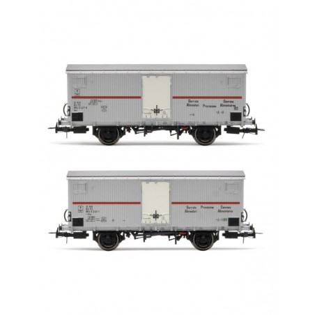 SET 2 CARRI REFRIGERANTI A 2 ASSI TIPO IFMS CON PORTELLONE METALLICO, LIVREA ALLUMINIO, FASCIA ROSSA, EP. IV RIVAROSSI HR6604