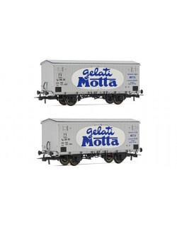 SET 2 CARRI REFRIGERANTI A 2 ASSI FS, TIPO HGB CON CASSA IN LEGNO, LIVREA PUBBLICITARIA "GELATI MOTTA", EP.III RIVAROSSI HR6564