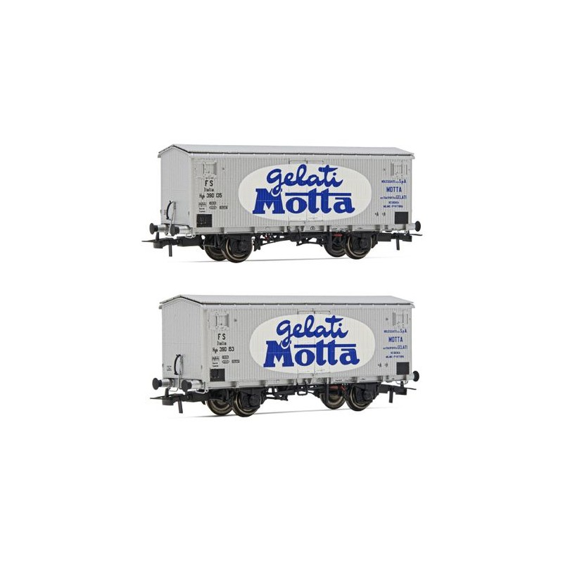 RIVAROSSI HR6564 SET 2 CARRI REFRIGERANTI A 2 ASSI FS, TIPO HGB CON CASSA IN LEGNO, LIVREA PUBBLICITARIA "GELATI MOTTA", EP.III