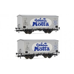 RIVAROSSI HR6564 SET 2 CARRI REFRIGERANTI A 2 ASSI FS, TIPO HGB CON CASSA IN LEGNO, LIVREA PUBBLICITARIA "GELATI MOTTA", EP.III