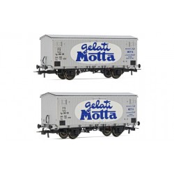 SET 2 CARRI REFRIGERANTI A 2 ASSI FS, TIPO HGB CON CASSA IN LEGNO, LIVREA PUBBLICITARIA "GELATI MOTTA", EP.III RIVAROSSI HR6564