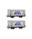 RIVAROSSI HR6564 SET 2 CARRI REFRIGERANTI A 2 ASSI FS, TIPO HGB CON CASSA IN LEGNO, LIVREA PUBBLICITARIA "GELATI MOTTA", EP.III